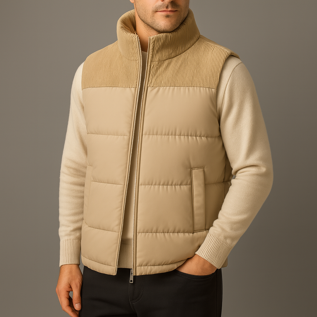 Men's quilted puffer gilet with corduroy yoke and stand collar - view 3