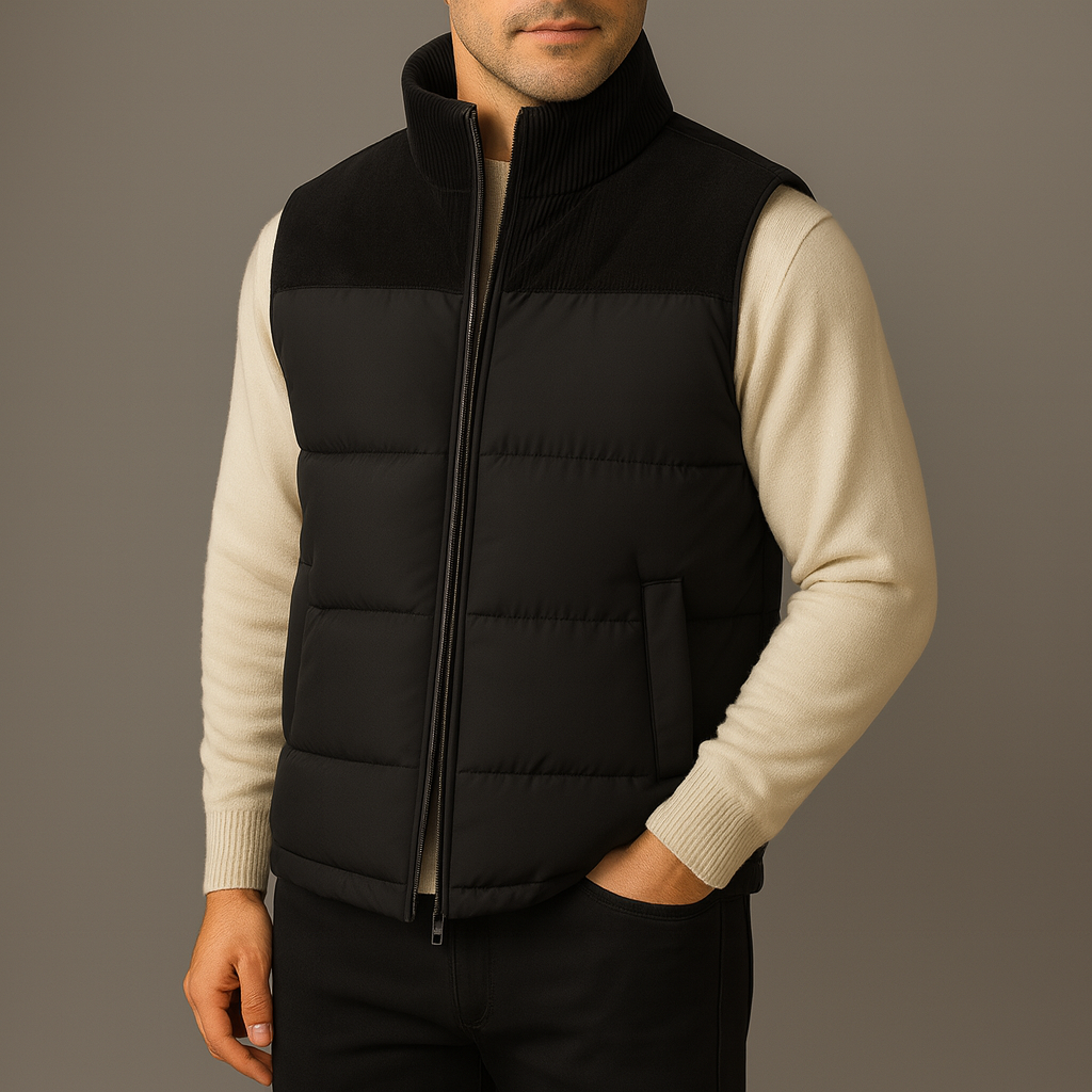 Men's quilted puffer gilet with corduroy yoke and stand collar - view 6