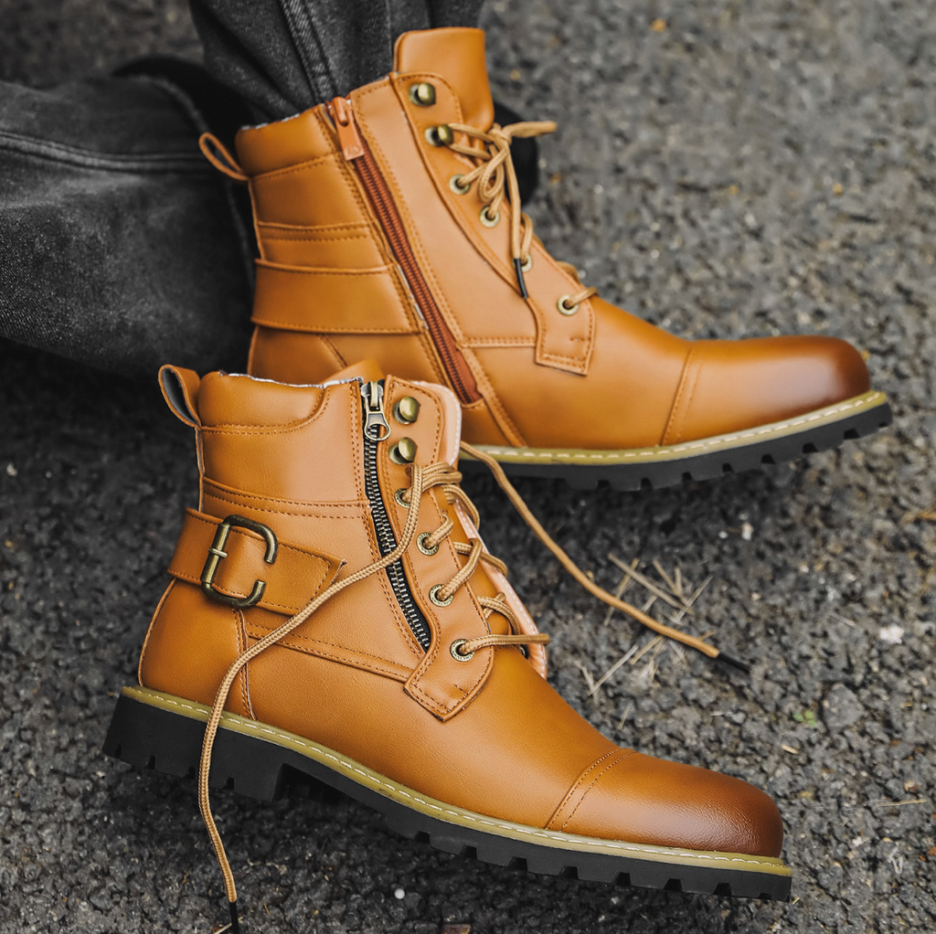 Men's side zip leather combat boots, view 5