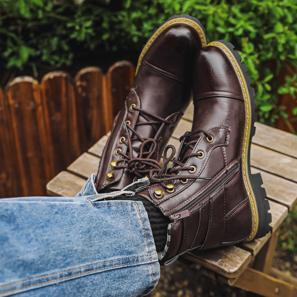 Men's side zip leather combat boots, view 7