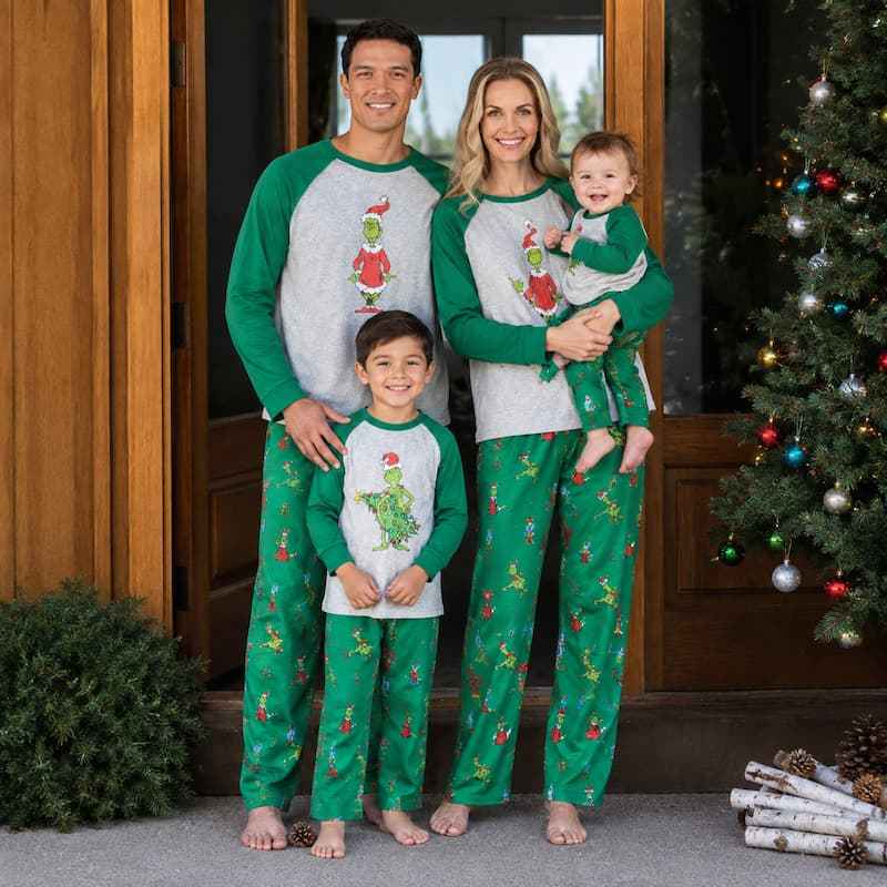 Matching Christmas pajamas raglan set in gray and green with character print pants for adults and kids