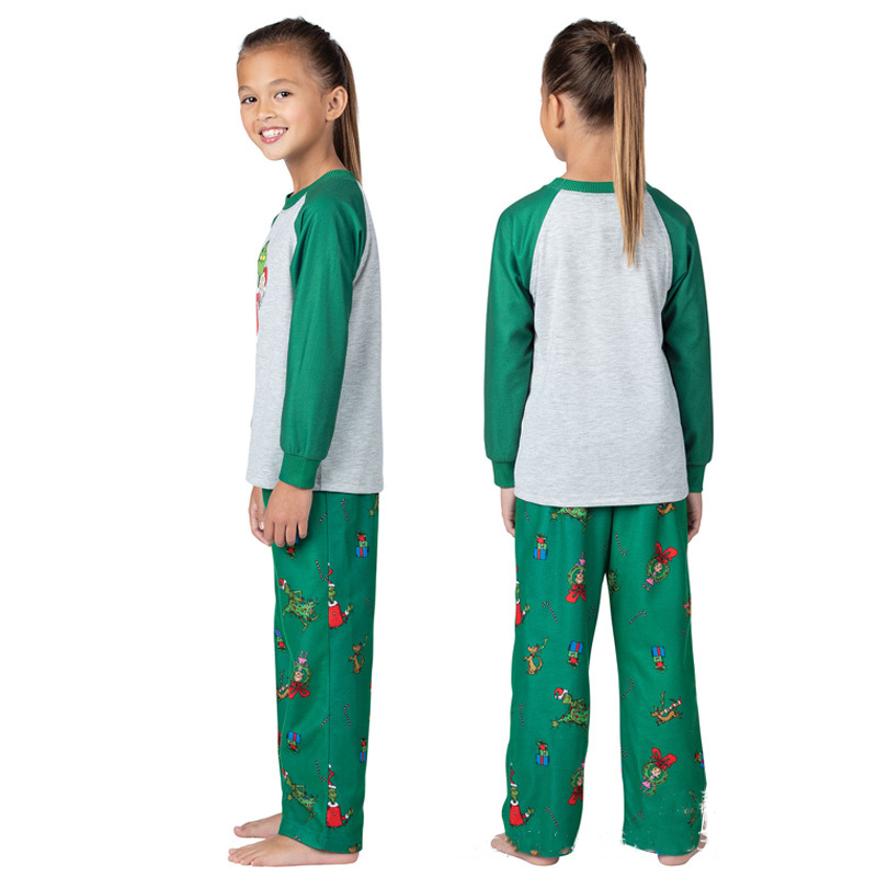 Matching Christmas pajamas raglan set in gray and green with character print pants for adults and kids - view 10