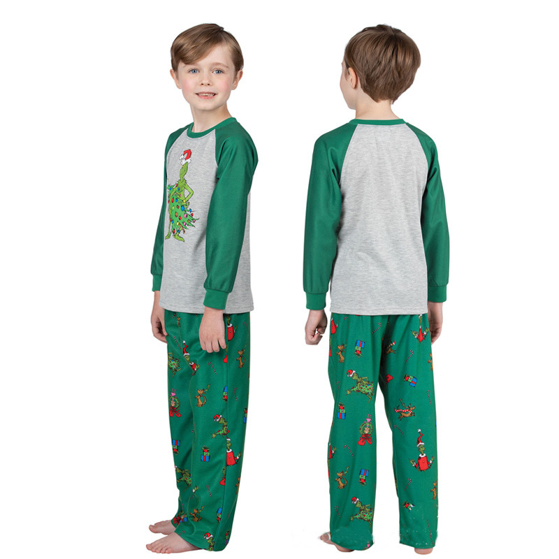 Matching Christmas pajamas raglan set in gray and green with character print pants for adults and kids - view 11