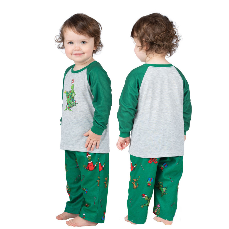 Matching Christmas pajamas raglan set in gray and green with character print pants for adults and kids - view 12