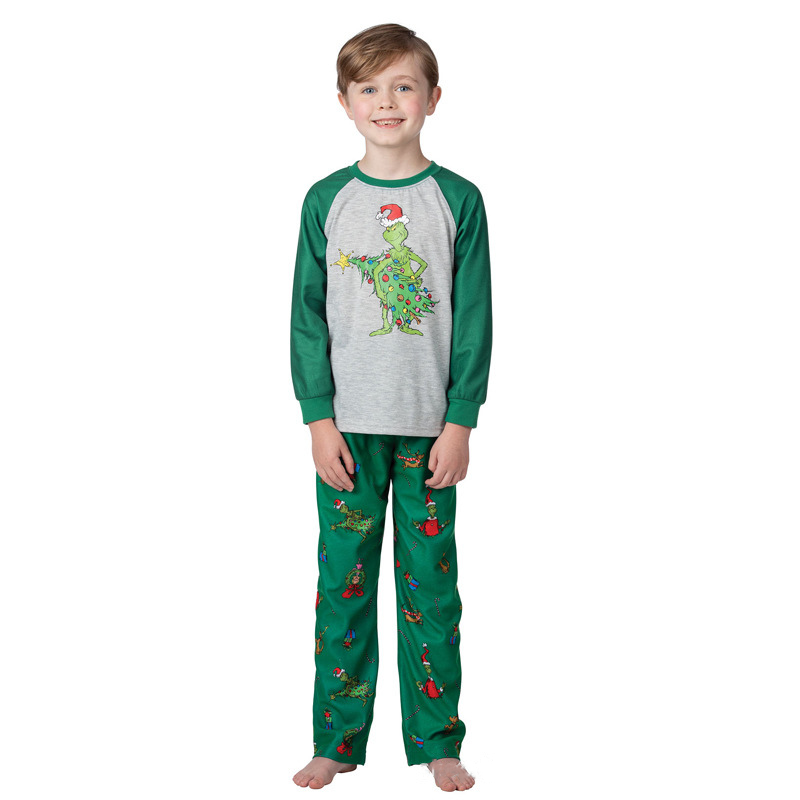 Matching Christmas pajamas raglan set in gray and green with character print pants for adults and kids - view 13