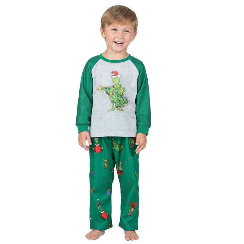 Matching Christmas pajamas raglan set in gray and green with character print pants for adults and kids - view 14