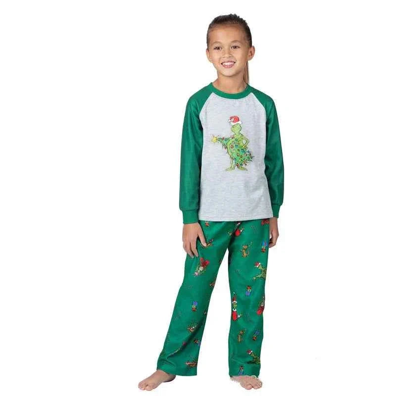 Matching Christmas pajamas raglan set in gray and green with character print pants for adults and kids - view 15