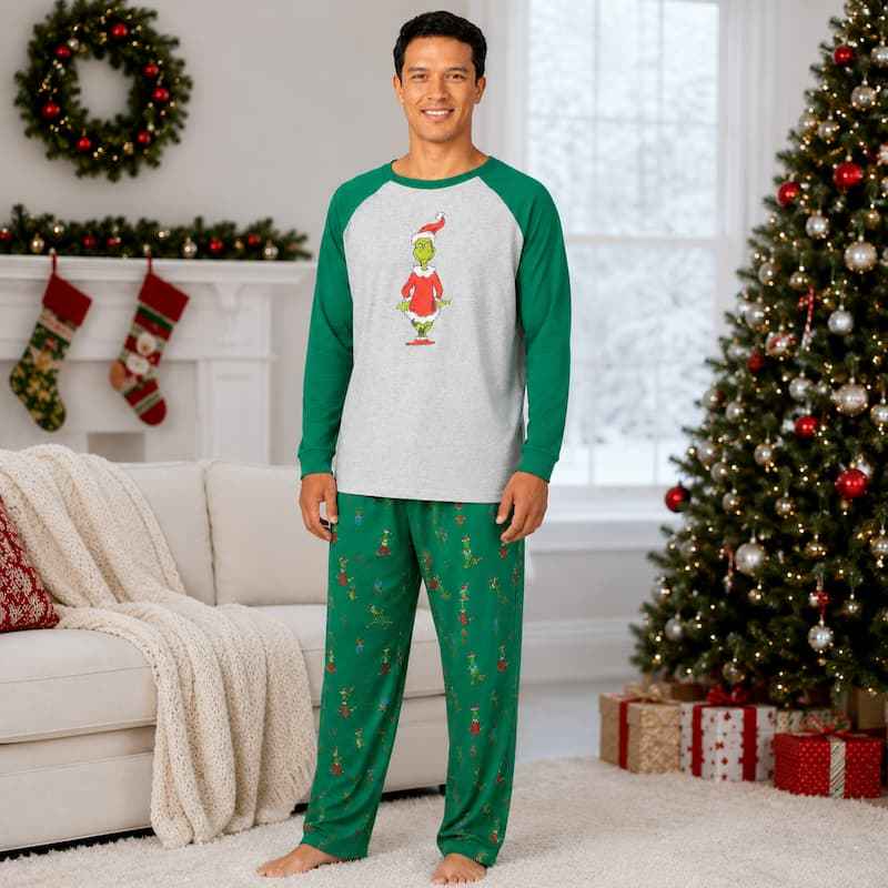 Matching Christmas pajamas raglan set in gray and green with character print pants for adults and kids - view 2