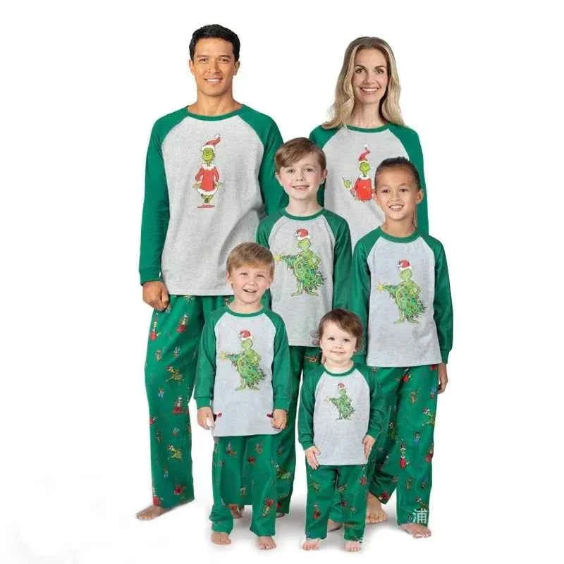 Matching Christmas pajamas raglan set in gray and green with character print pants for adults and kids - view 6