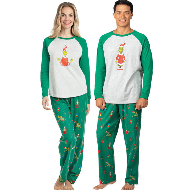 Matching Christmas pajamas raglan set in gray and green with character print pants for adults and kids - view 7