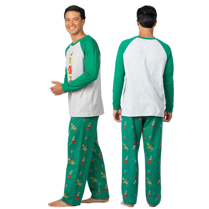 Matching Christmas pajamas raglan set in gray and green with character print pants for adults and kids - view 8