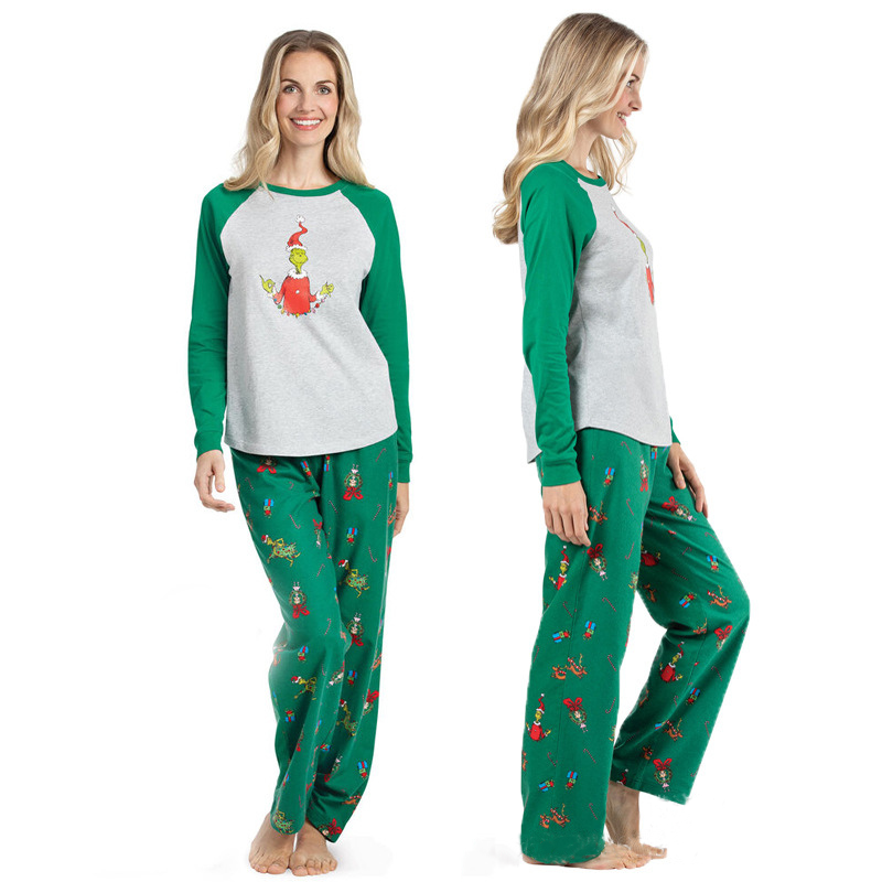 Matching Christmas pajamas raglan set in gray and green with character print pants for adults and kids - view 9