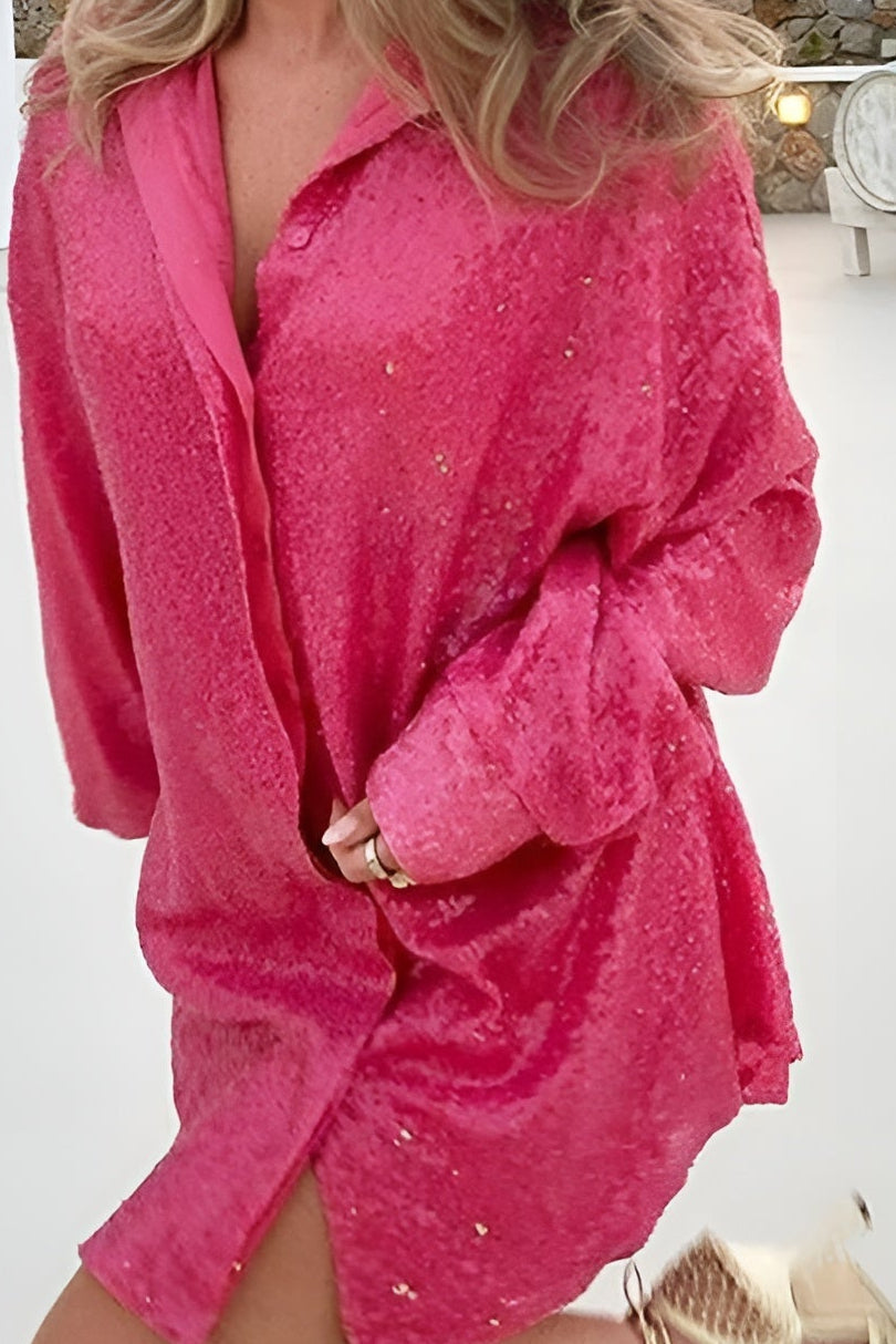 Oversized long sleeve sequin shirt dress with collar and button front - view 10