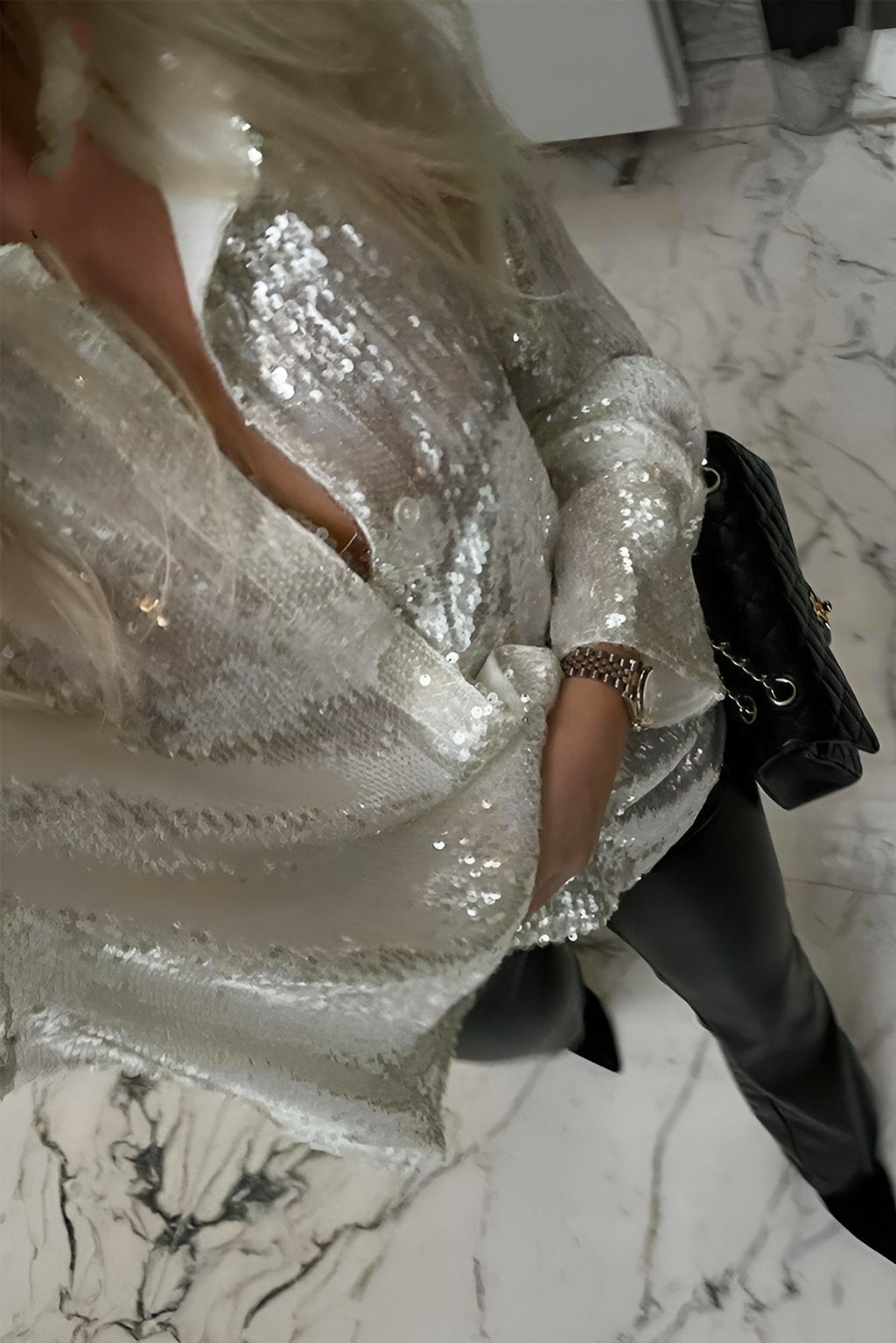 Oversized long sleeve sequin shirt dress with collar and button front - view 3