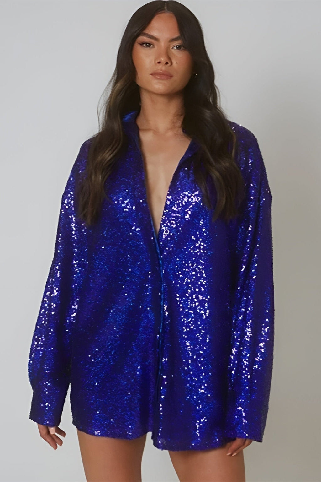Oversized long sleeve sequin shirt dress with collar and button front - view 6