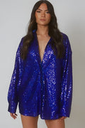 Oversized long sleeve sequin shirt dress with collar and button front - view 6