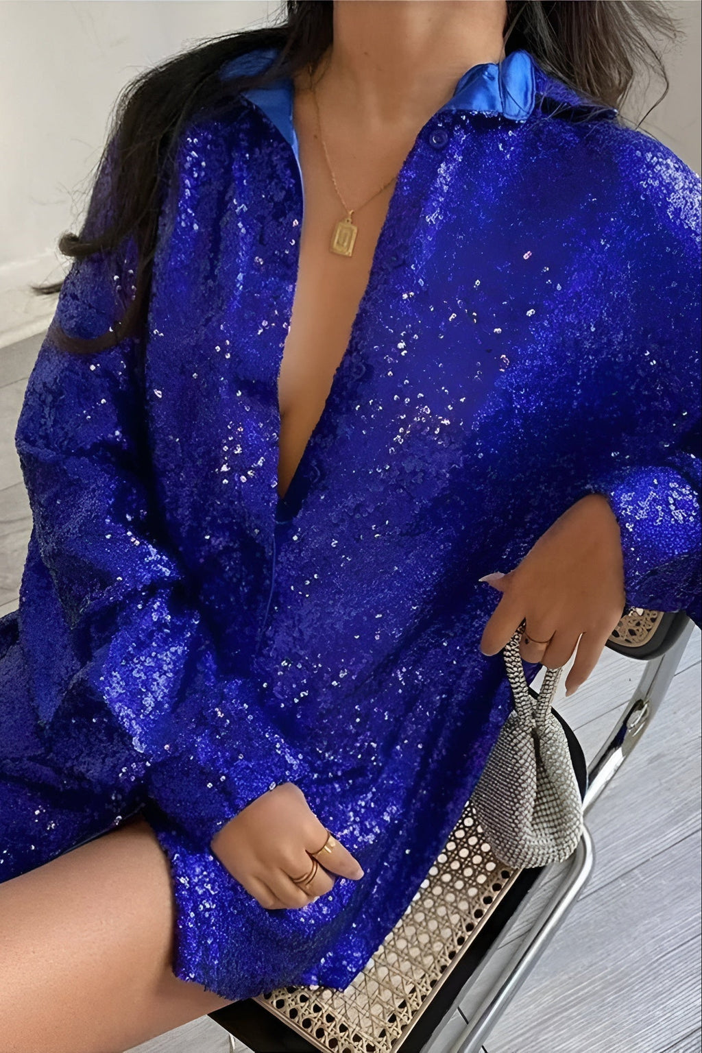 Oversized long sleeve sequin shirt dress with collar and button front - view 7