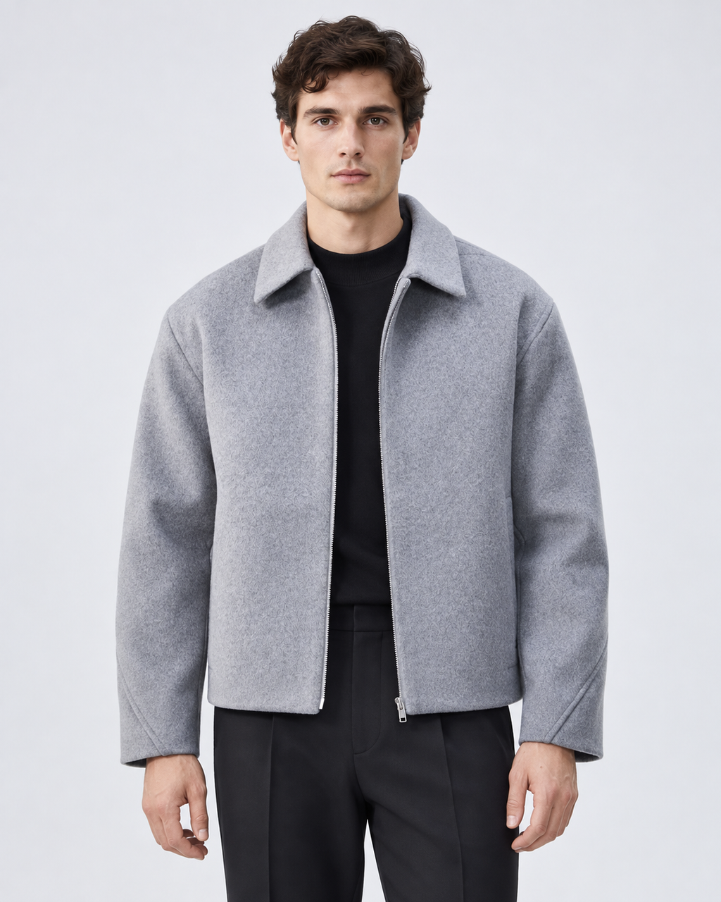 Men's boxy cropped zip up jacket with point collar and brushed texture