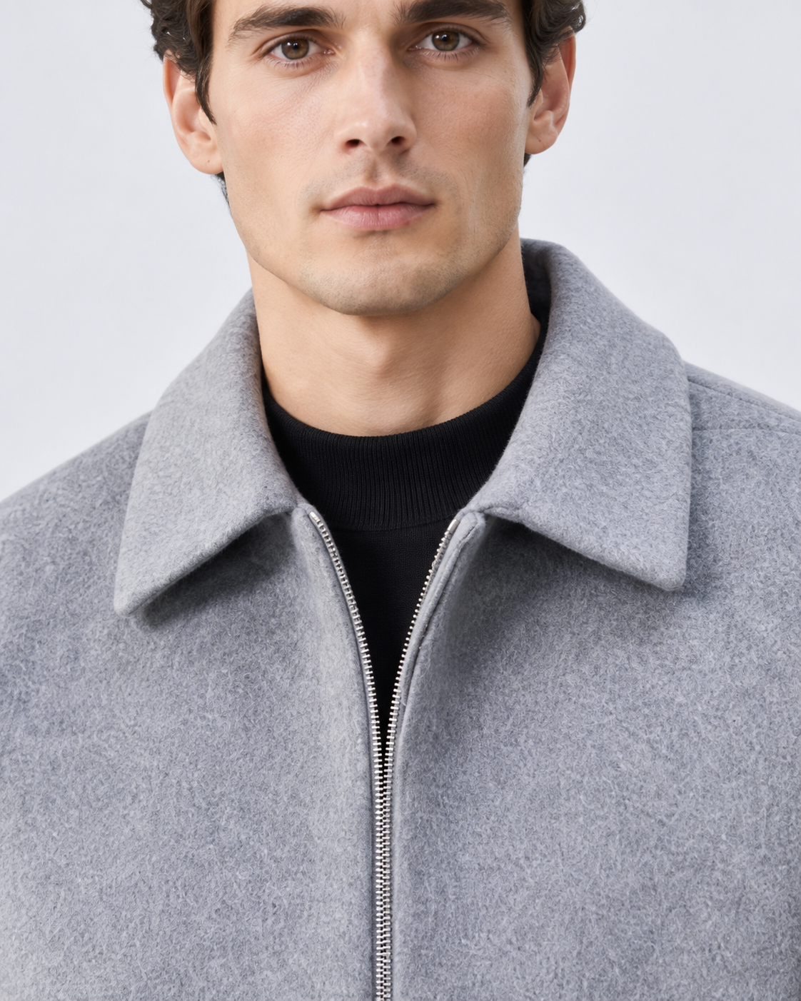 Men's boxy cropped zip up jacket with point collar and brushed texture - view 3