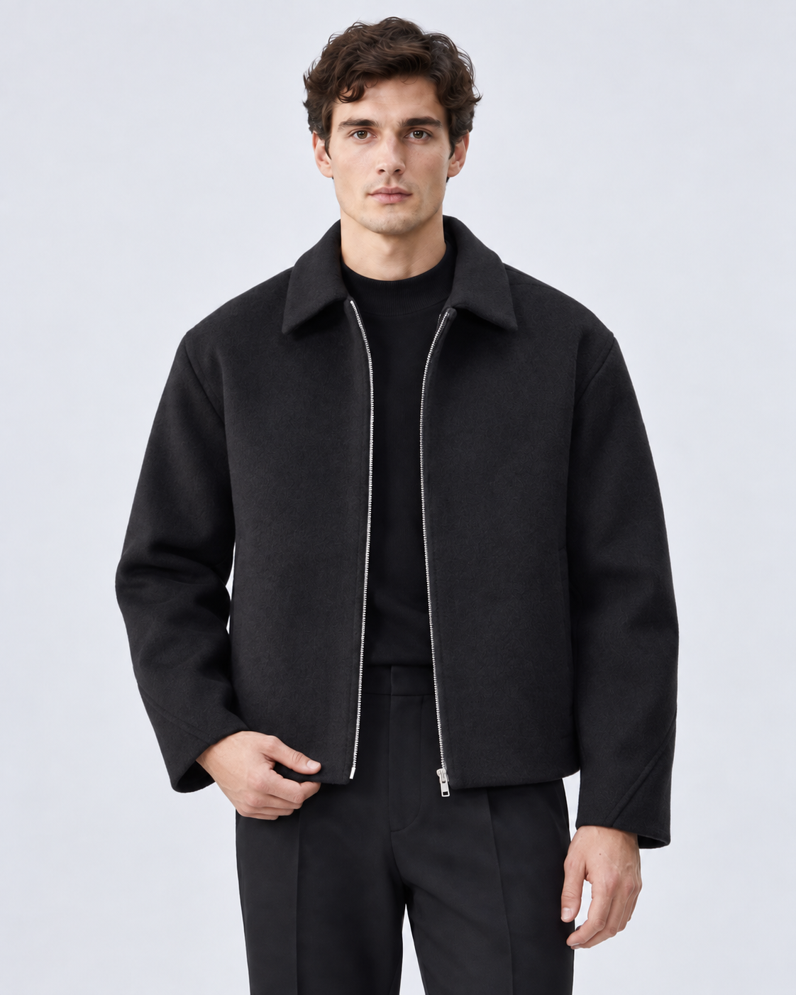 Men's boxy cropped zip up jacket with point collar and brushed texture - view 5