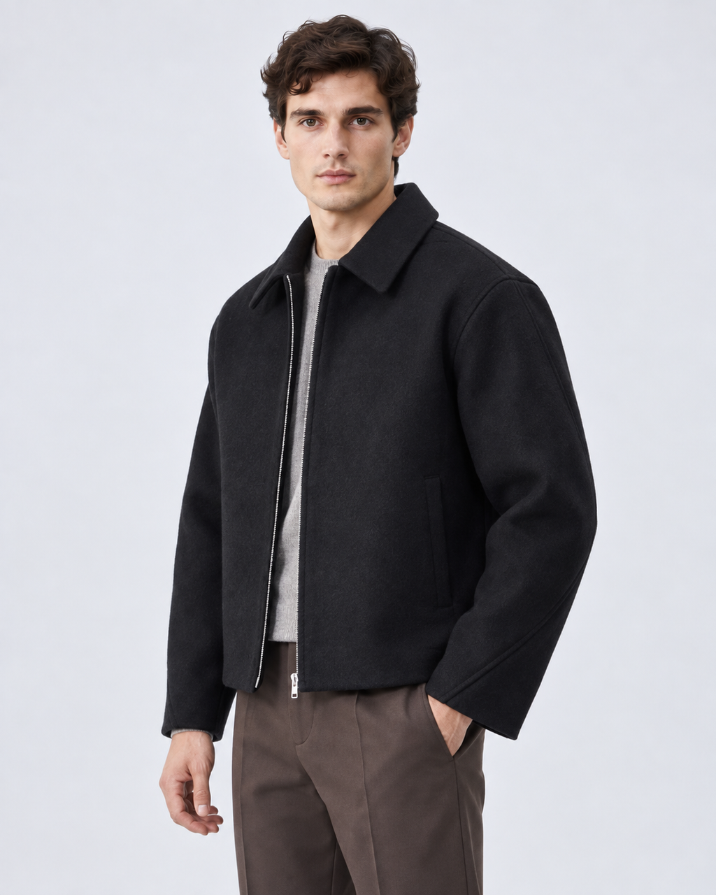 Men's boxy cropped zip up jacket with point collar and brushed texture - view 6