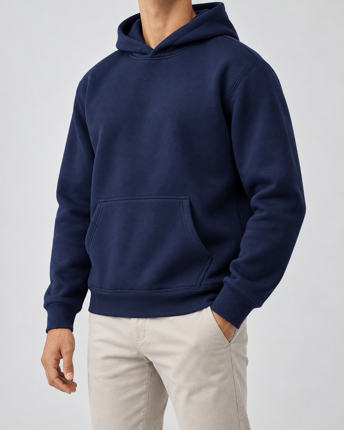 Men's fleece pullover hoodie with kangaroo pocket and ribbed cuffs
