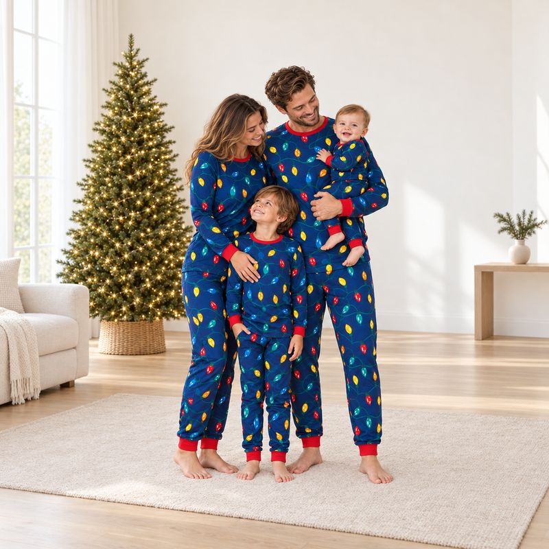 Christmas pajama set with navy string lights print and red ribbed cuffs