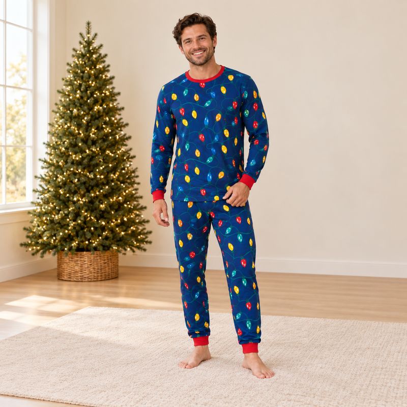 Christmas pajama set with navy string lights print and red ribbed cuffs - view 2