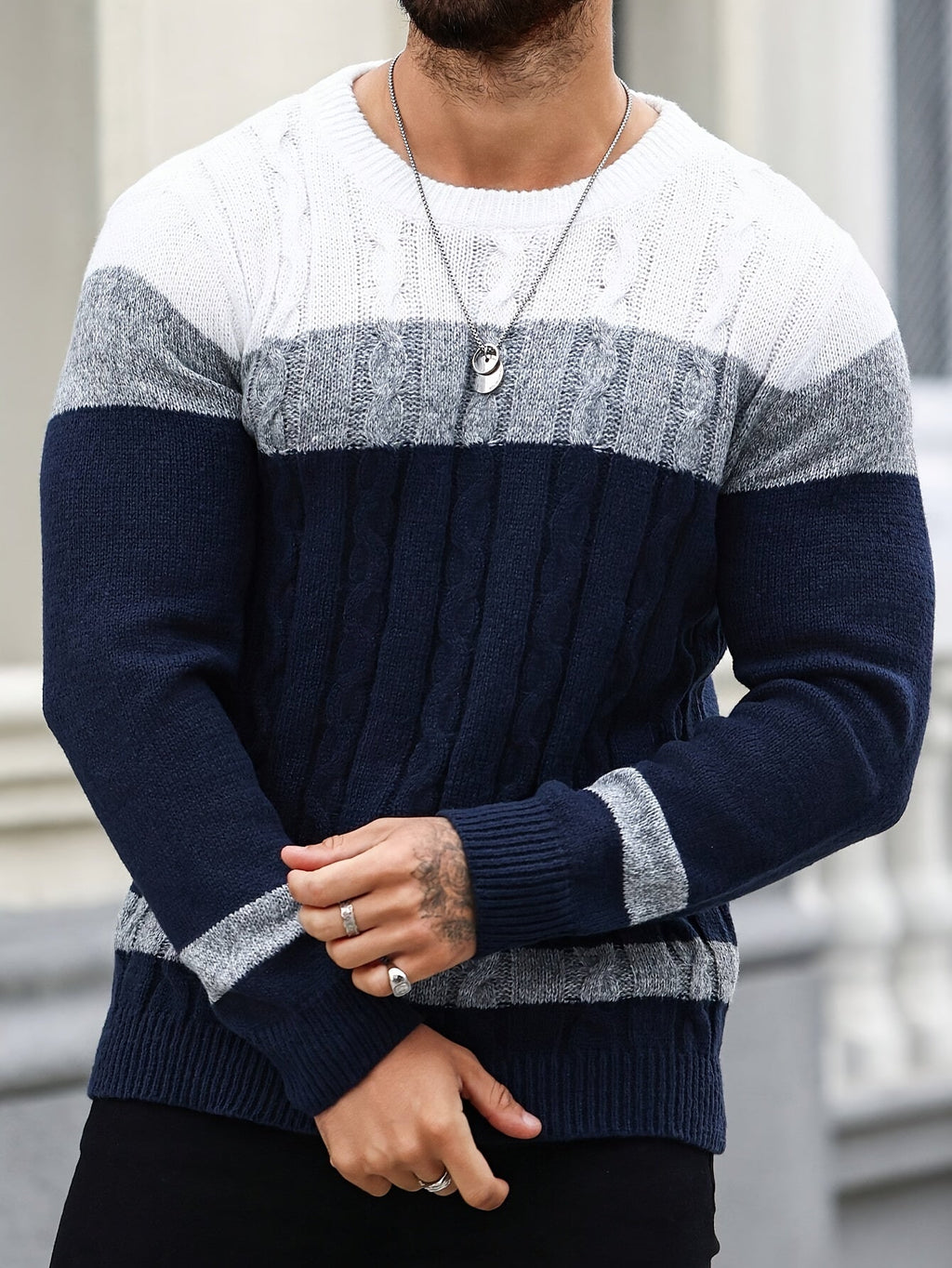 Men's colour block cable knit crew jumper