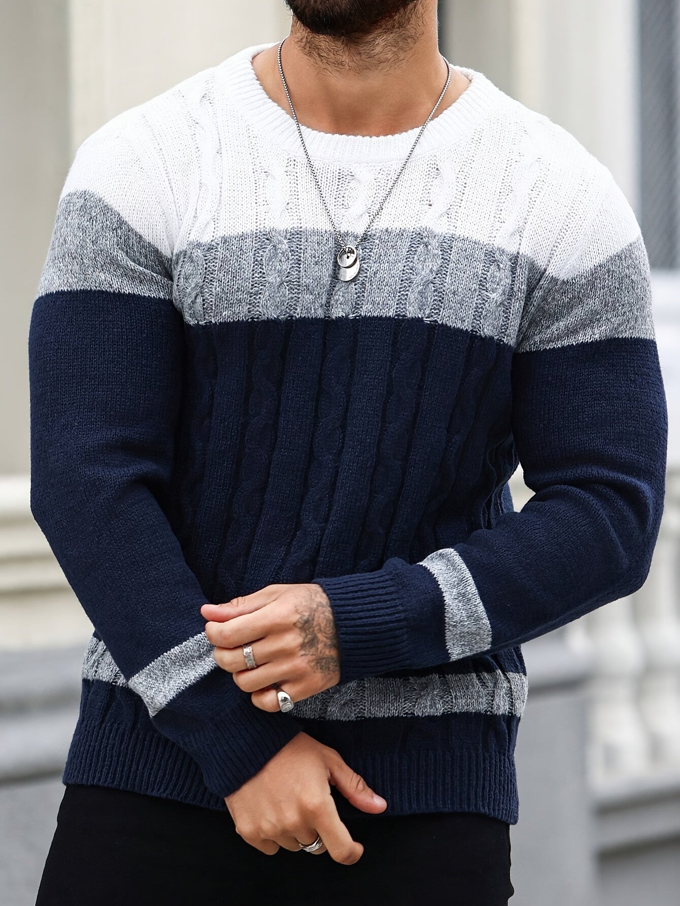 Men's colour block cable knit crew jumper