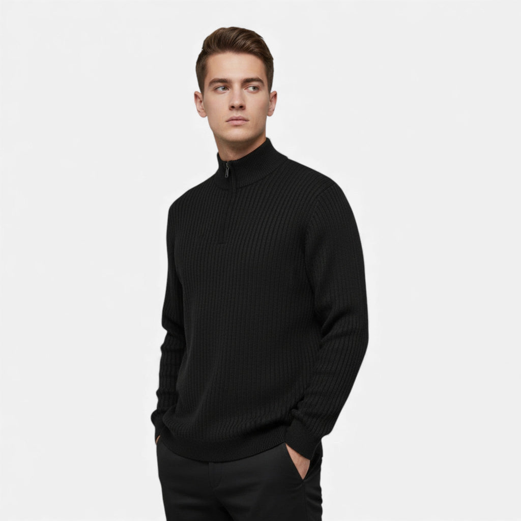 Men's long line zip knit cardigan, side view