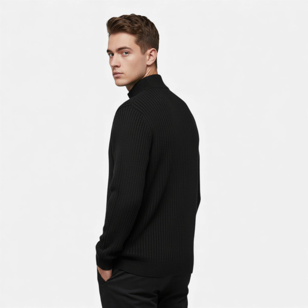 Men's long line zip knit cardigan, back view