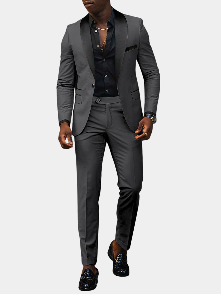 Mens suit with black shawl lapel, single-button jacket and tapered trousers