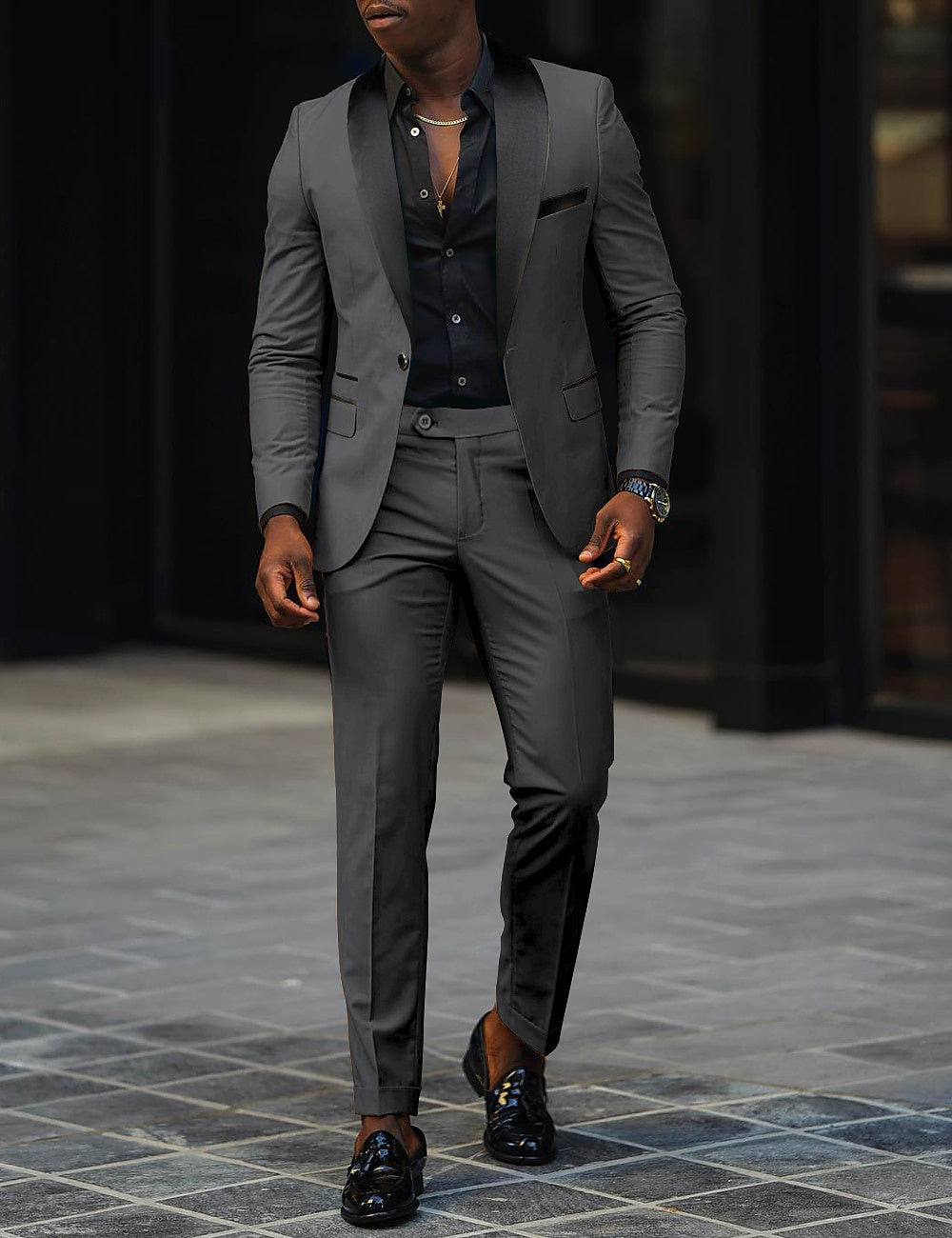 Mens suit with black shawl lapel, single-button jacket and tapered trousers - view 2