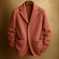 Men's ribbed knit blazer cardigan with notched lapels, three buttons and patch pockets