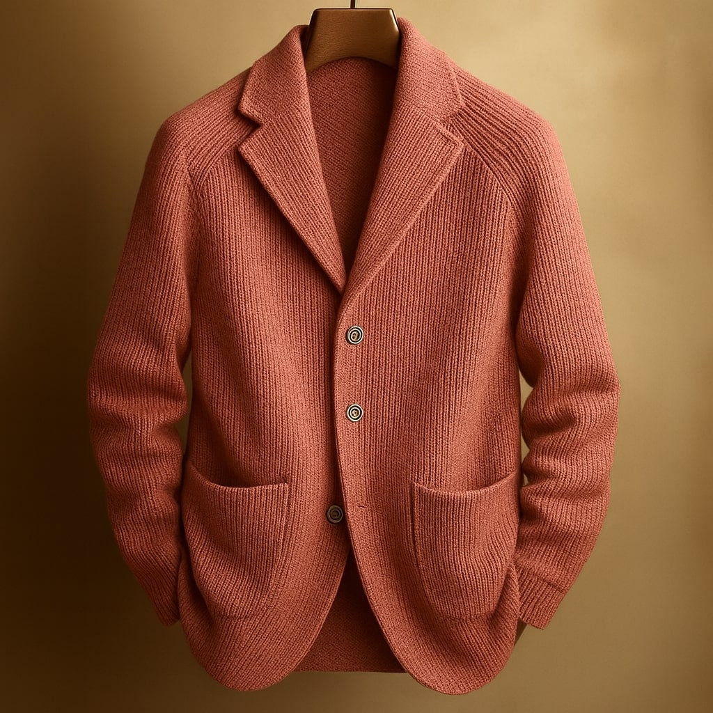 Men's ribbed knit blazer cardigan with notched lapels, three buttons and patch pockets