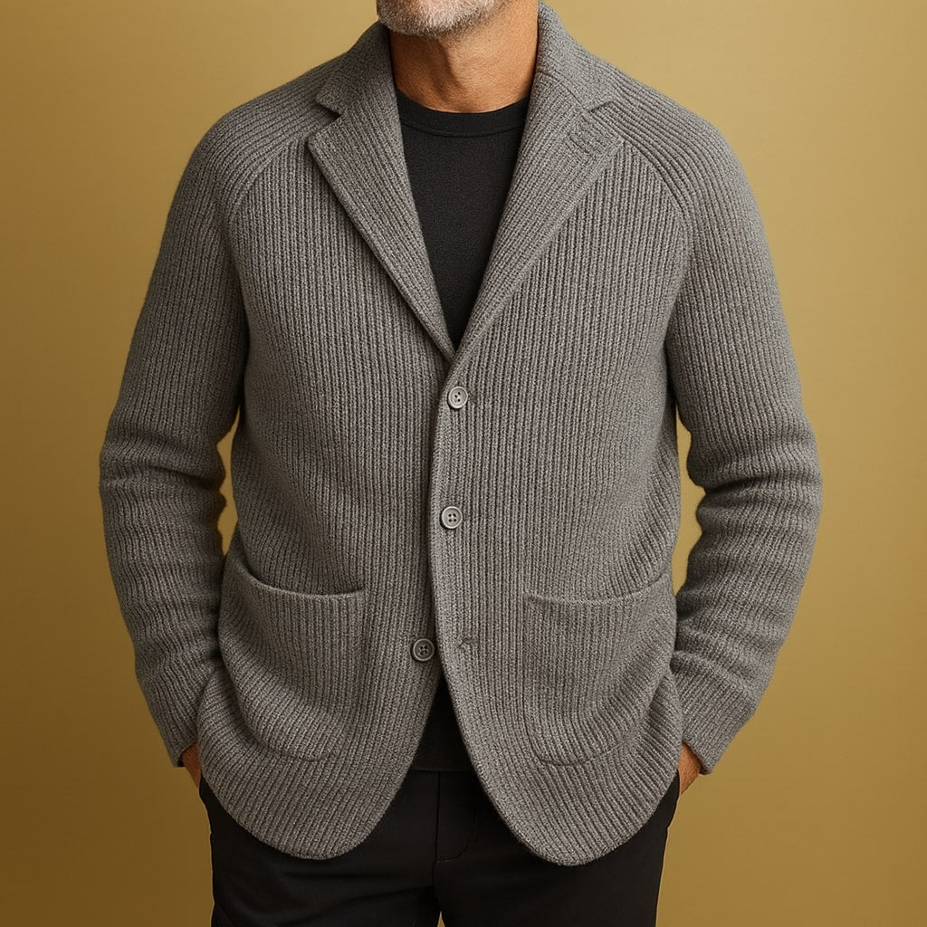 Men's ribbed knit blazer cardigan with notched lapels, three buttons and patch pockets - view 7