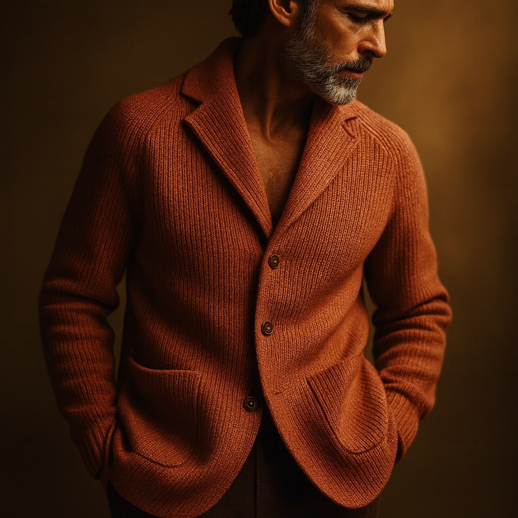 Men's ribbed knit blazer cardigan with notched lapels, three buttons and patch pockets - view 8
