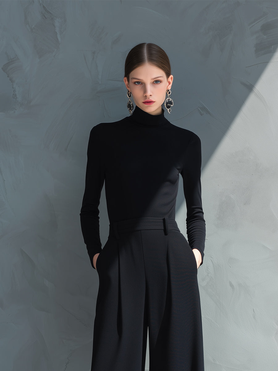 Black wide leg jumpsuit with turtleneck, defined waistband and floor-length hem - view 2