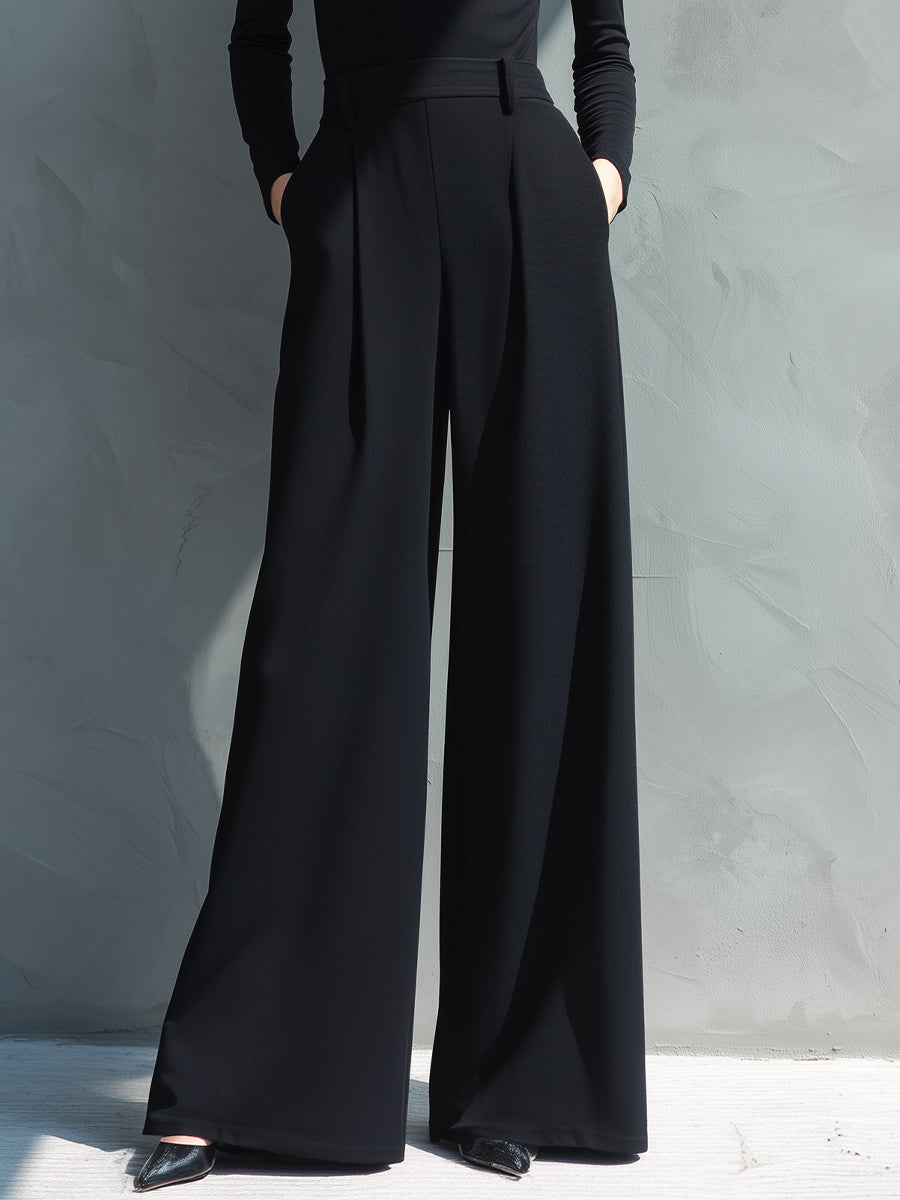 Black wide leg jumpsuit with turtleneck, defined waistband and floor-length hem - view 3