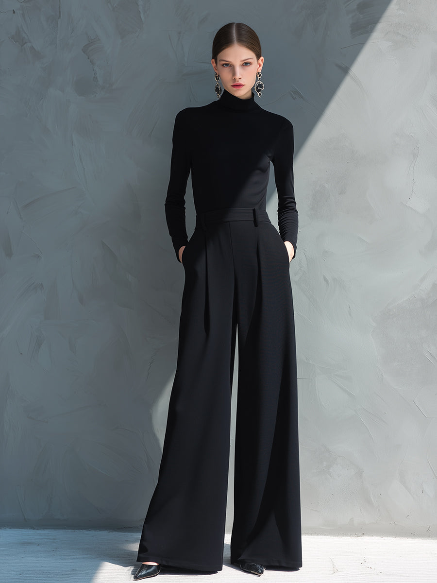 Black wide leg jumpsuit with turtleneck, defined waistband and floor-length hem - view 4