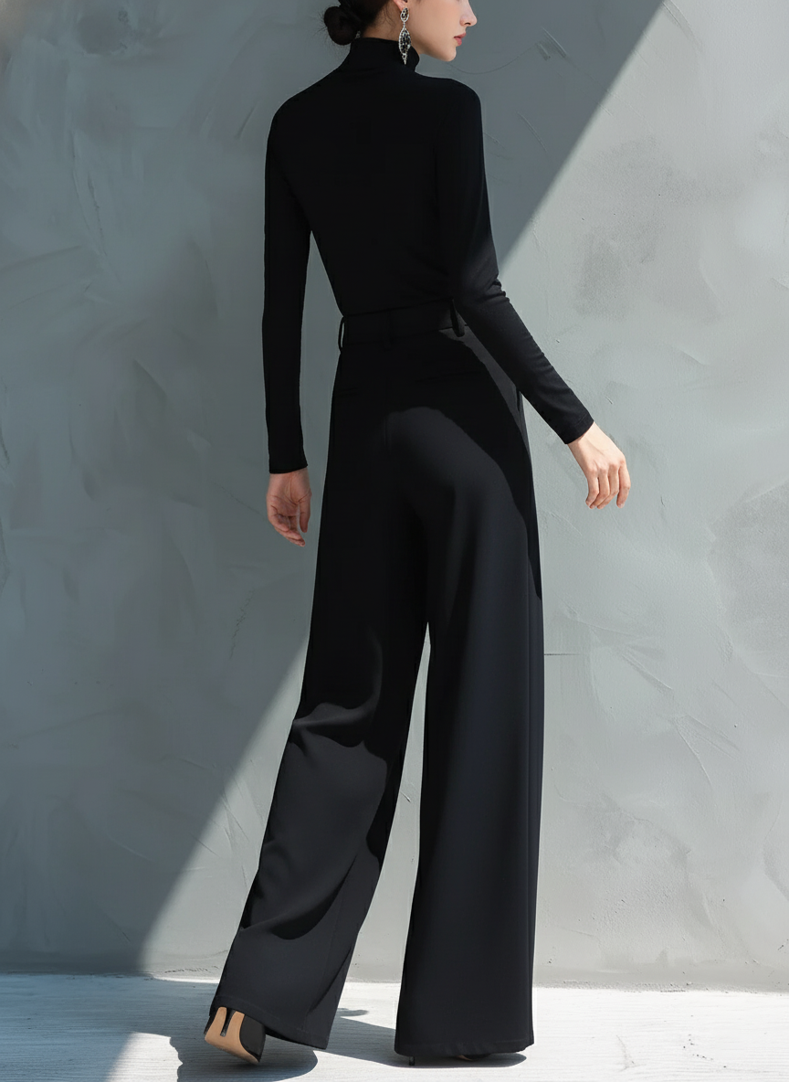Black wide leg jumpsuit with turtleneck, defined waistband and floor-length hem - view 5