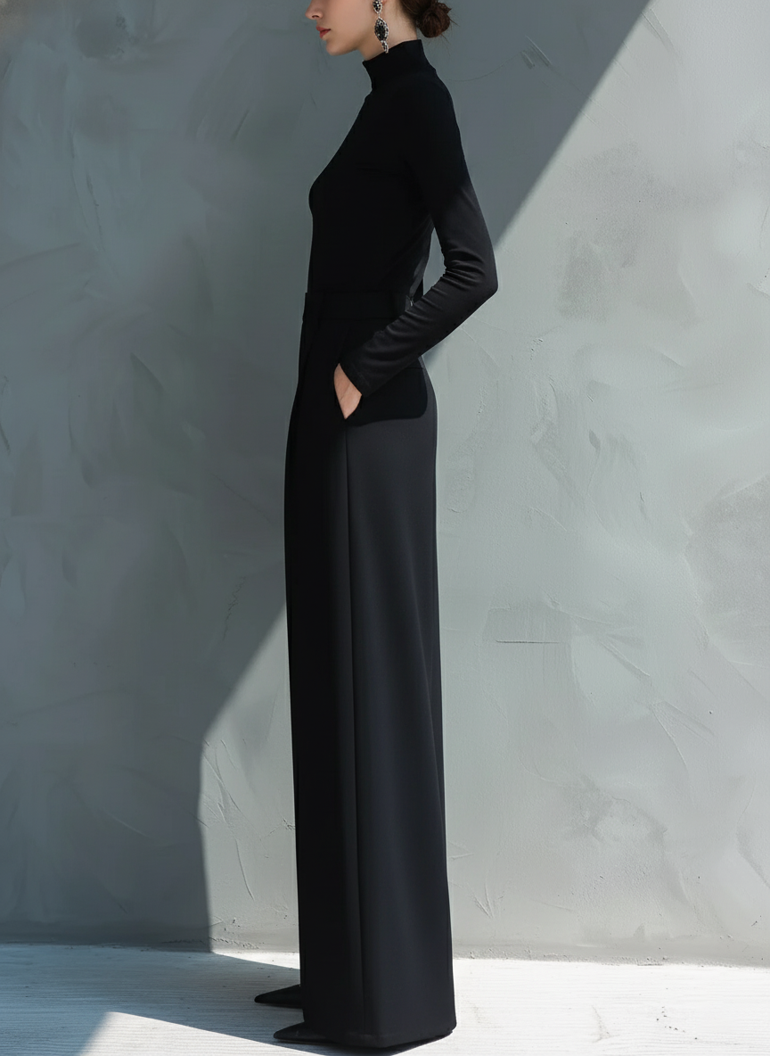 Black wide leg jumpsuit with turtleneck, defined waistband and floor-length hem - view 6