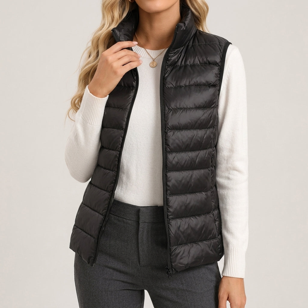 Women's quilted puffer gilet with stand collar and full zip - view 3