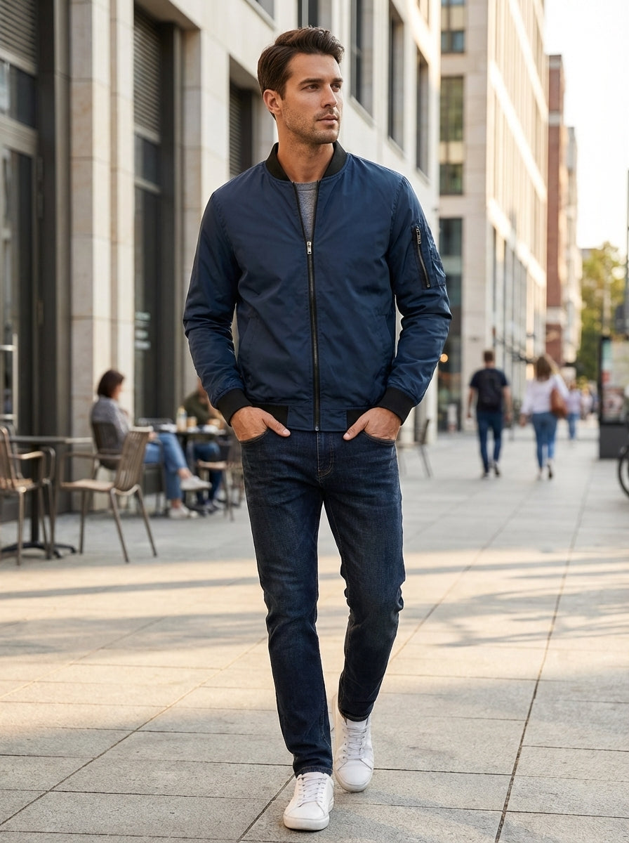 Men's ribbed stand collar bomber jacket, view 11