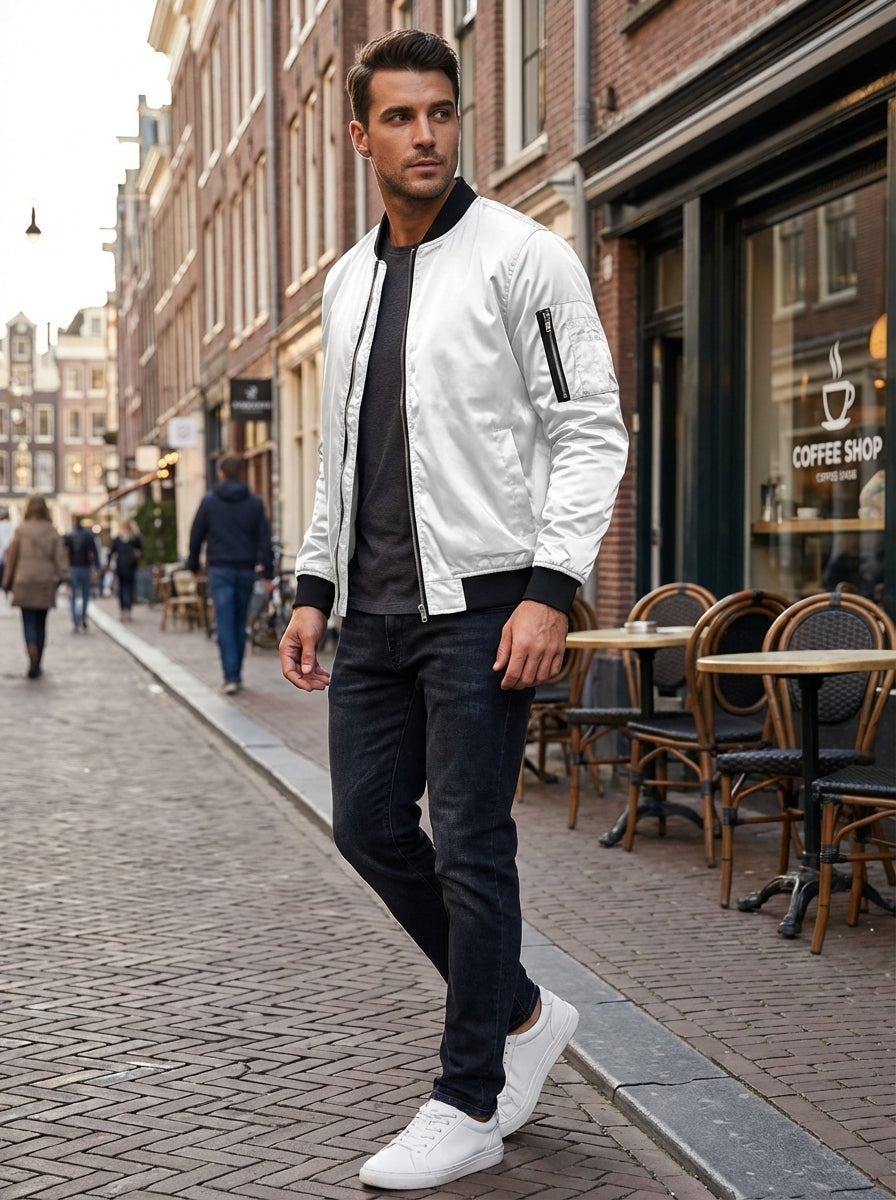 Men's ribbed stand collar bomber jacket, view 12