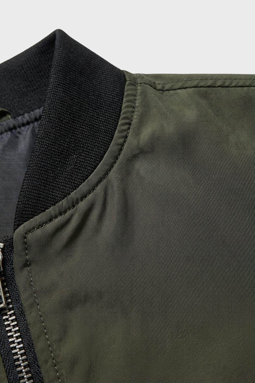 Men's ribbed stand collar bomber jacket, back view