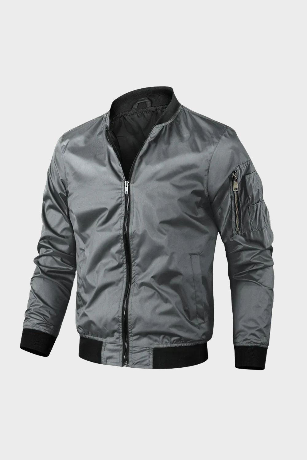 Men's ribbed stand collar bomber jacket, view 6