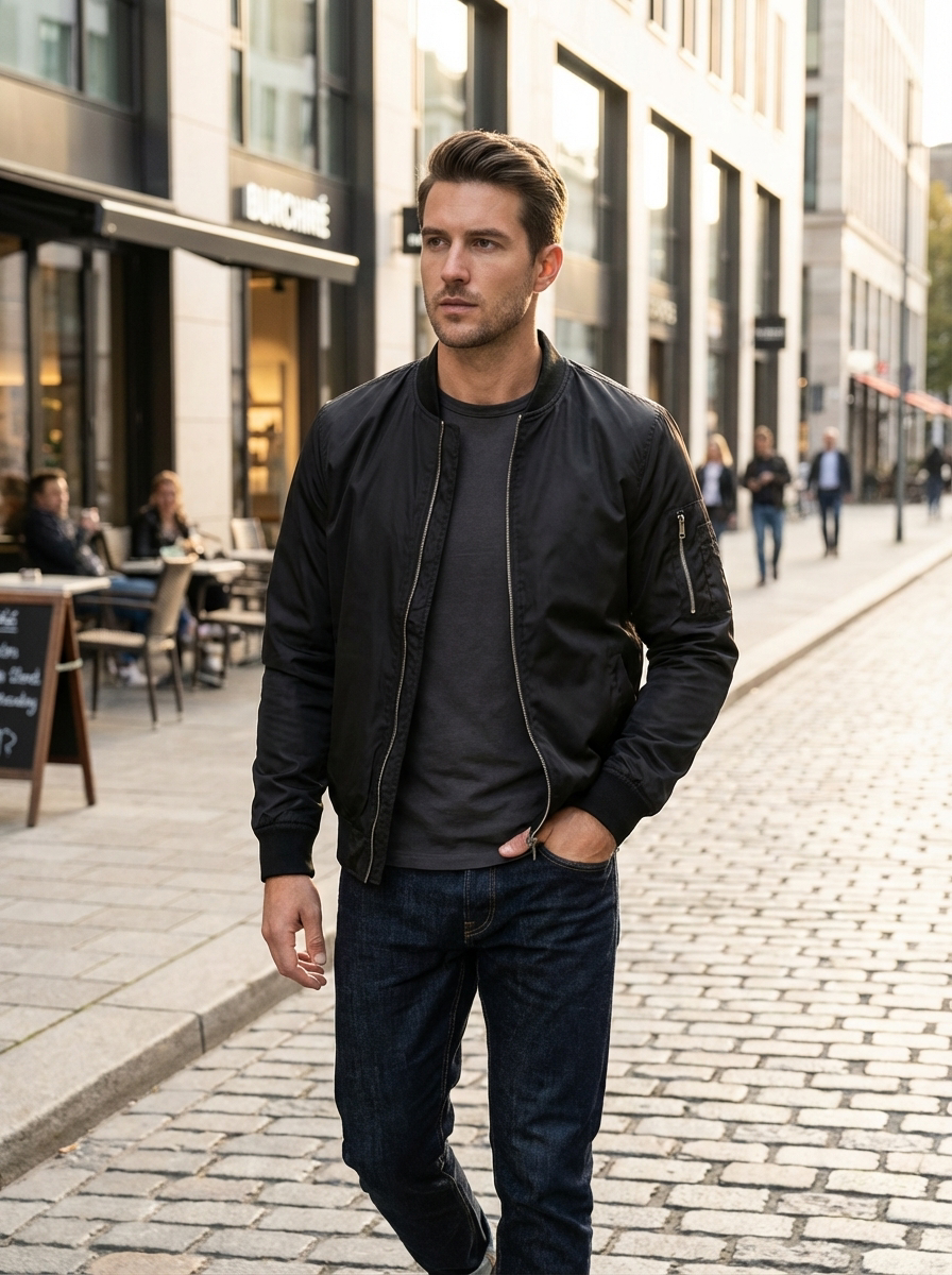 Men's ribbed stand collar bomber jacket, view 9
