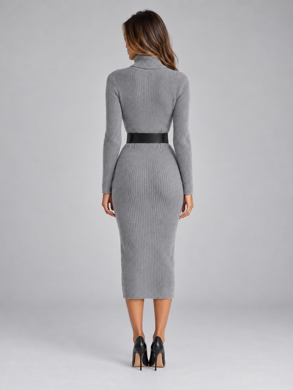 Ribbed turtleneck midi sweater dress with long sleeves and wide buckle belt - view 3